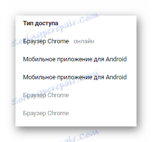 Тип на раздела за достъп при преглеждане на историята на активността в секцията с настройки на сайта VKontakte