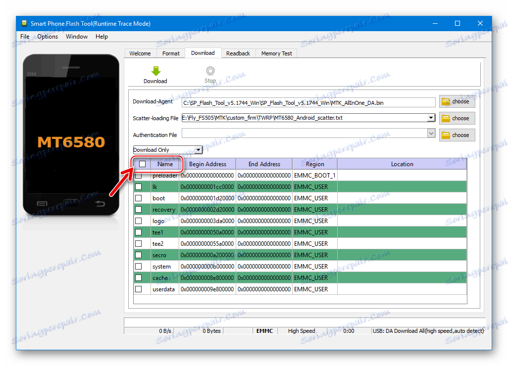 Fly FS505 Nimbus 7 FlashTool снять отметки со всех разделов памяти
