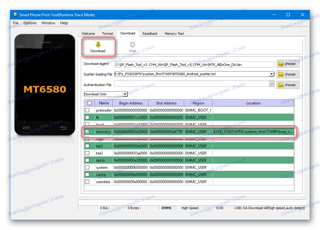 Fly FS505 начало установки модифицированного рекавери в FlashTool
