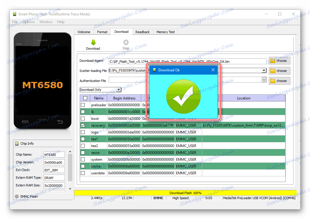 Fly FS505 Nimbus 7 TWRP установлено через Flash Tool
