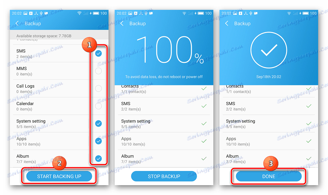 Meizu M2 Poznámka Vytvorenie zálohy Progress - Hotovo