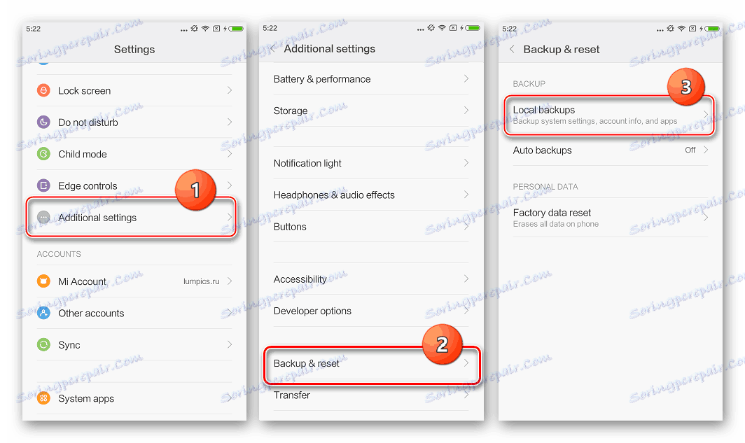 Izrada sigurnosne kopije Xiaomi Mi4C prije firmwarea Dodatne postavke - Backup i Reset