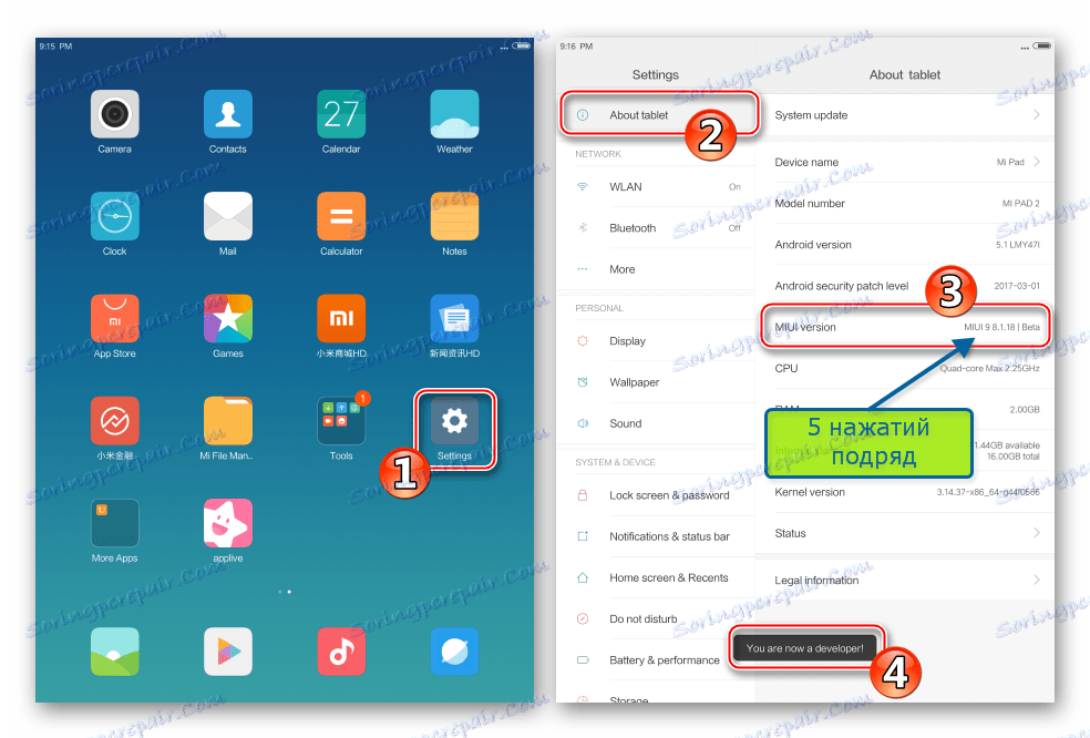 Xiaomi MiPAD 2 aktivácia prístupu do menu Pre vývojárov