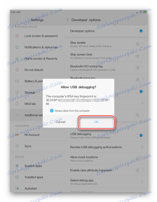 Xiaomi MiPAD 2 potvrdenie prístupu z počítača do ADB