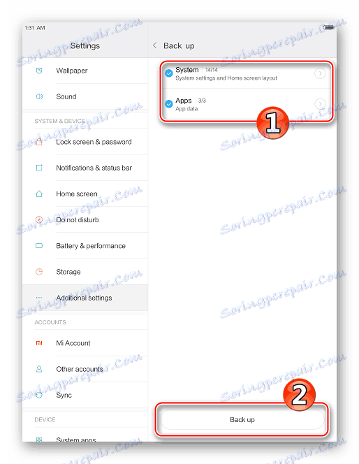 Xiaomi MiPad 2 spustiť postup vytvárania zálohy