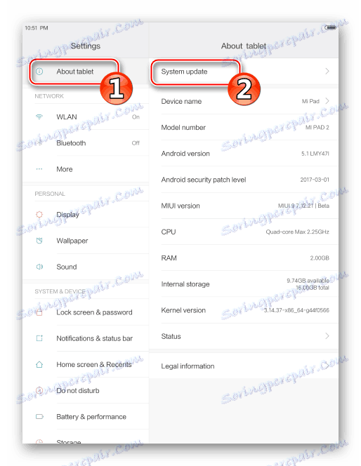 Xiaomi MiPad 2 umiestnenie položky aktualizácie systému v ponuke Nastavenia