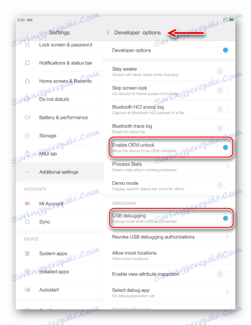 Xiaomi MiPad 2 активация опции Enable OEM unlock для успешной разблокировки загрузчика