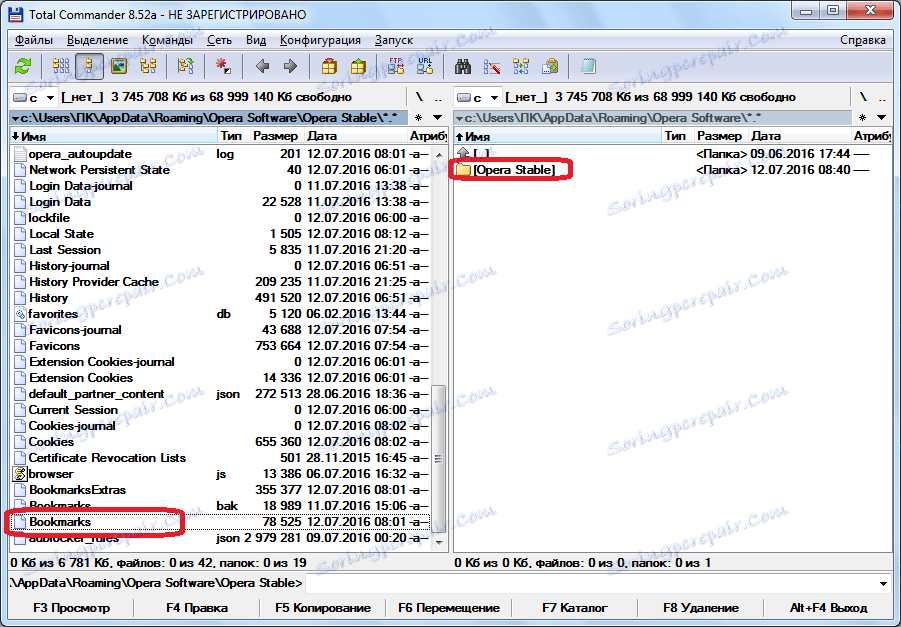 Fyzické umiestnenie záložiek prehliadača Opera