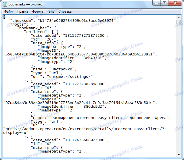 Súbor záložiek Opera v textovom editore