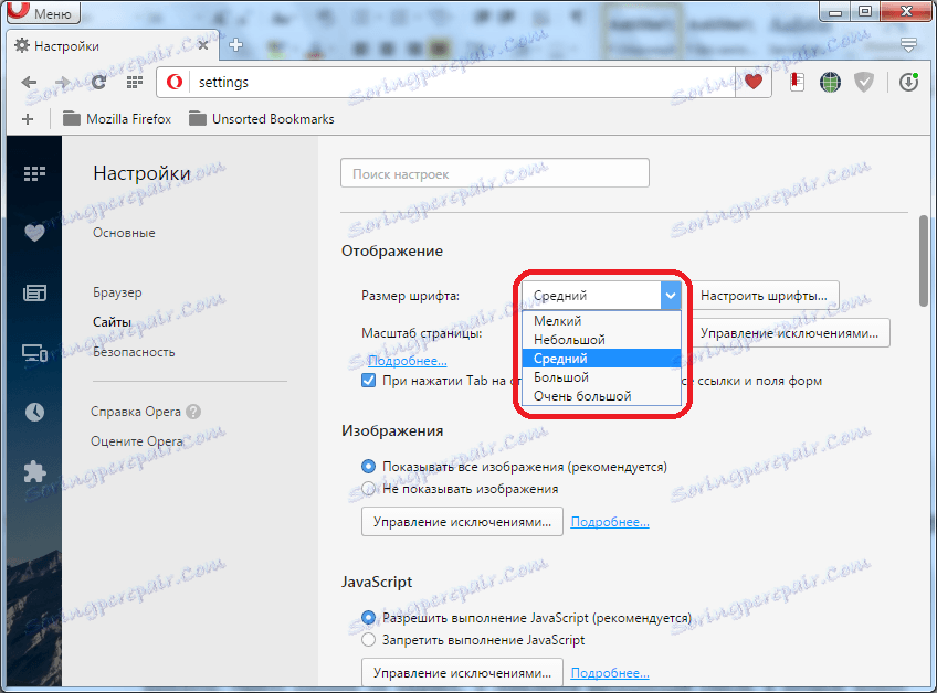 Varianty velikostí písma v aplikaci Opera