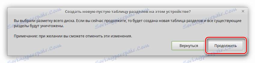pokračujte k vytvoření nové tabulky oddílů v instalačním programu linux mint