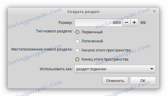 okno pro vytváření oddílů v instalačním programu linux mint