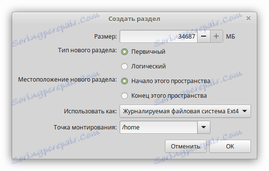 okno pro vytvoření domácího oddílu v instalačním programu linux mint