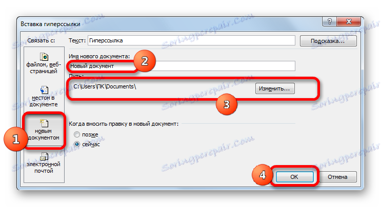 Wstaw łącze do nowego dokumentu w oknie wstawiania hiperłącza w programie Microsoft Excel