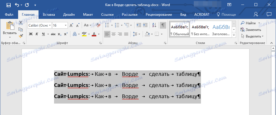 Vyberte text pre tabuľku v programe Word