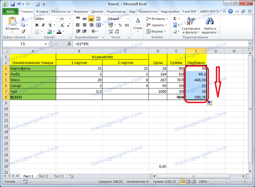 Kopírování vzorce pro vynásobení čísla v procentech v aplikaci Microsoft Excel v tabulce