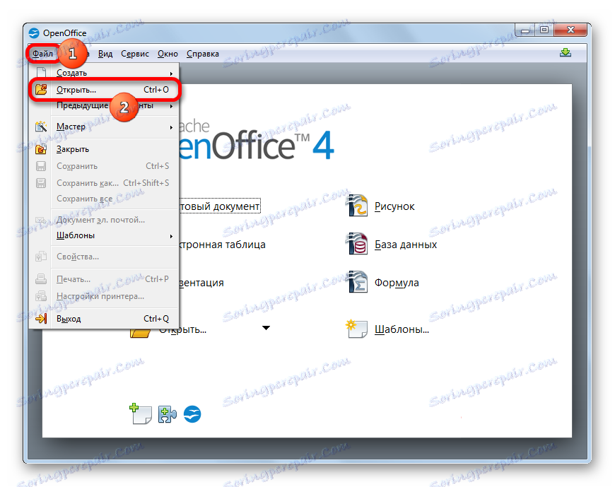 Prejdite do okna otvoreného súboru cez hornú horizontálnu ponuku v okne spustenia OpenOffice