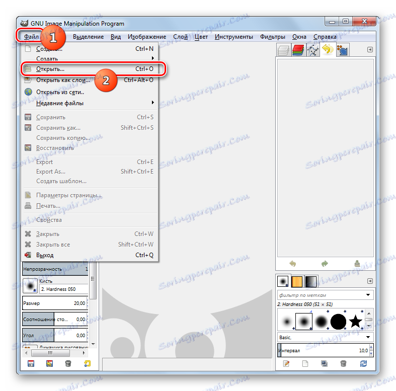 Перехід у вікно відкриття файлу через верхнє горизонтальне меню в програмі Gimp