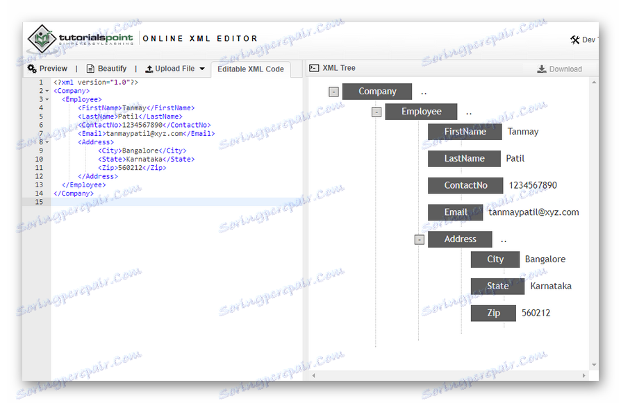 Ovako izgleda on-line urednik XML datoteka u službi TutorialsPoint