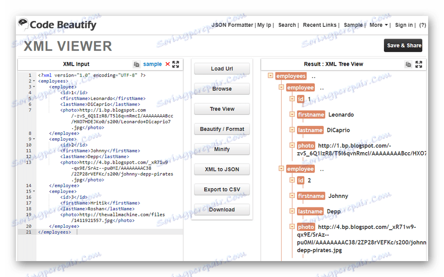 On-line editor rozhraní pro soubory XML v programu Code Beautify
