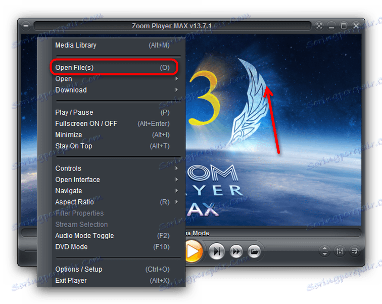 Kontekstni izbornik za odabir datoteke u programu Zoom Player