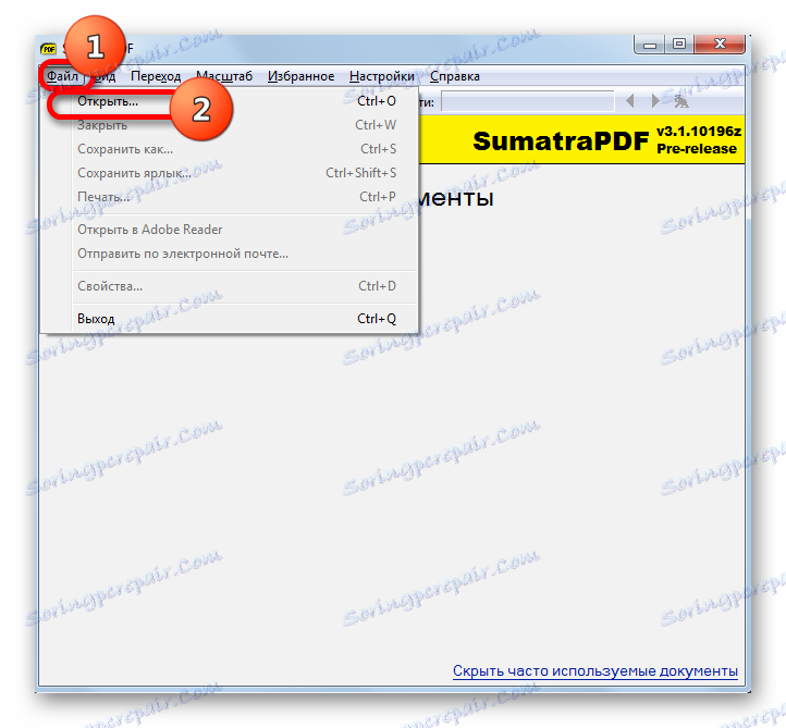 Przejdź do otwartego okna pliku, korzystając z górnego menu poziomego w Sumatra PDF