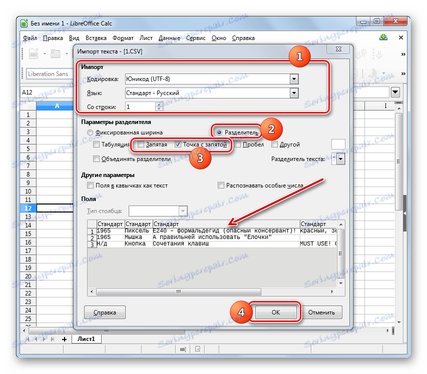 Okno importu tekstu w LibreOffice Calc