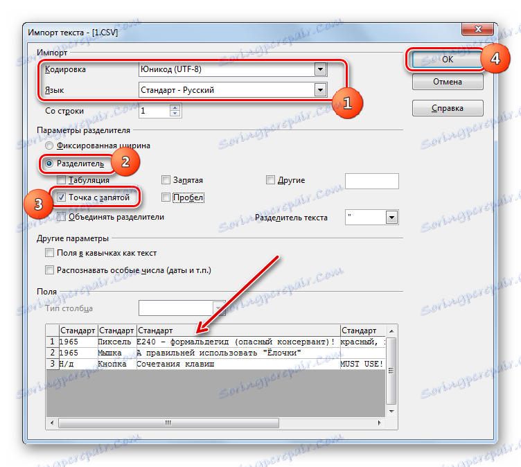 Okno do importowania tekstu w OpenOffice Calc