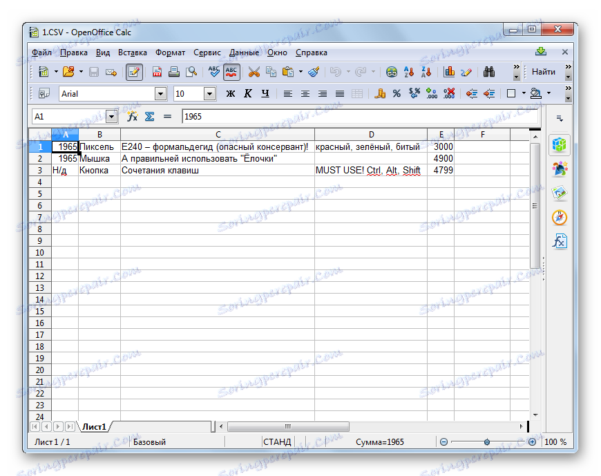 Zawartość pliku CSV jest wyświetlana na arkuszu w programie OpenOffice Calc