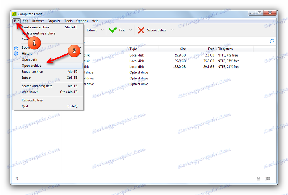 الطريقة الرئيسية لفتح ملف في PeaZip