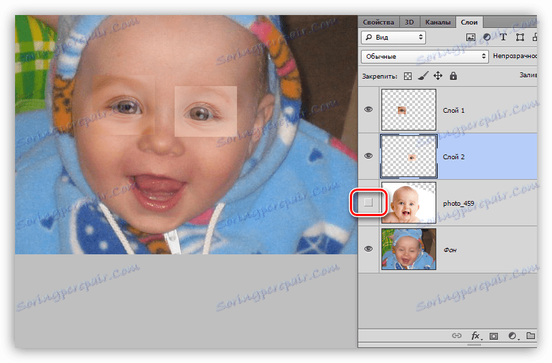 Usuń widoczność z warstwy ze zdjęciem dawcy podczas otwierania oczu w programie Photoshop