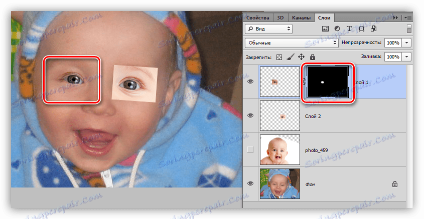 Dzielenie sekcji z okiem na czarną maskę podczas otwierania oczu w Photoshopie