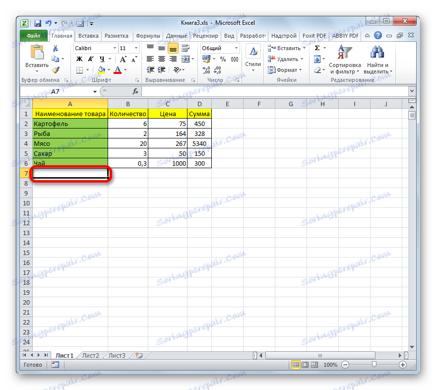 الخلية الأولى تحت الجدول في Microsoft Excel