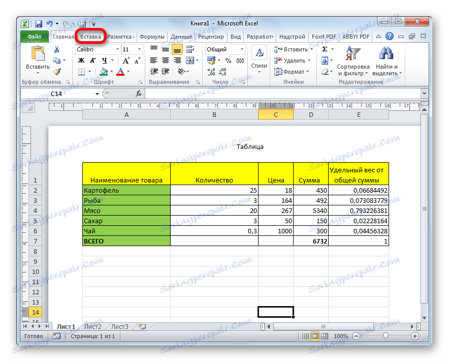 Перехід у вкладку Вставка в Microsoft Excel