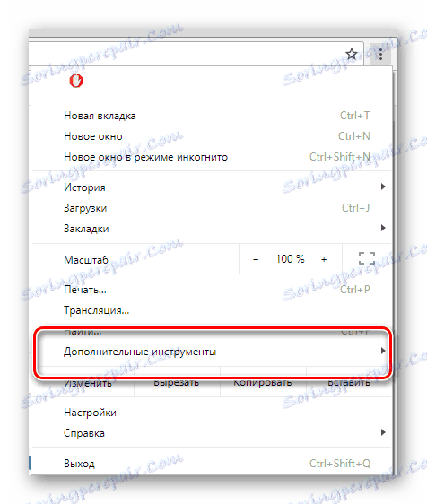 Процесът на разширяване на списъка Допълнителни инструменти чрез главното меню в интернет браузъра Google Chrome