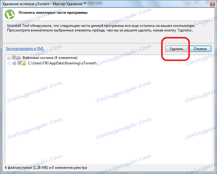 Informace o zbývajících prvcích programu uTorrent v nástroji pro odinstalaci
