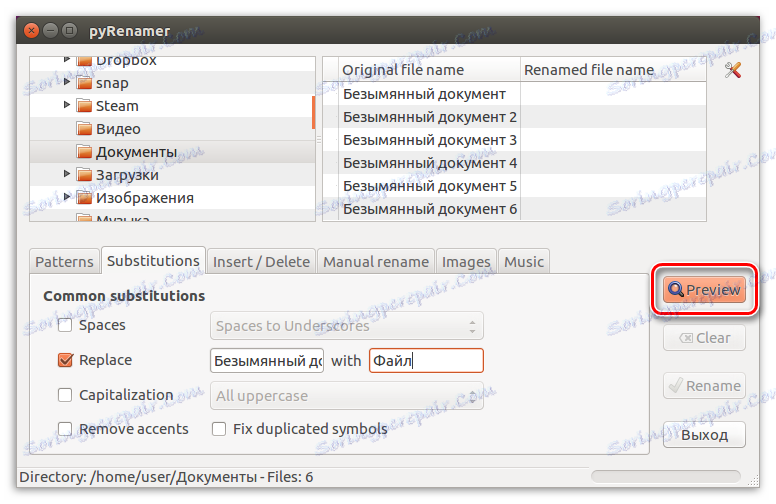 tlačidlo prehľadu v programe pyrenamer v linux