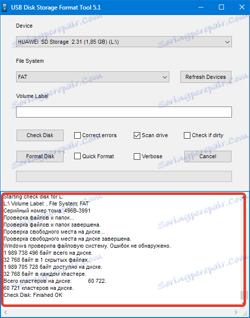 Výsledky nástroja HP USB Storage Disk Format