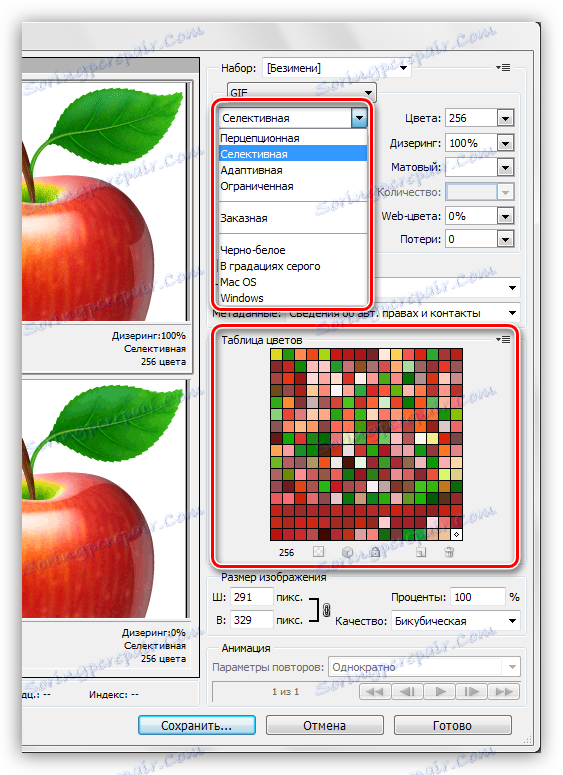 Výber schémy na indexovanie farieb pri ukladaní hyfy vo Photoshope