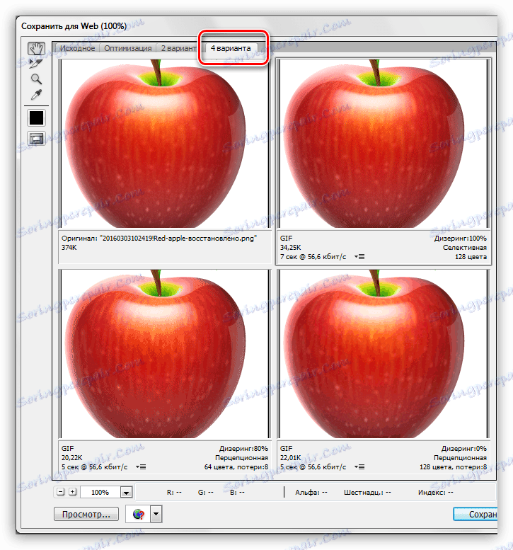 Výber počtu možností zobrazenia výsledkov pri ukladaní hyfy vo Photoshope