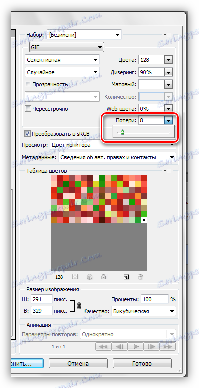 Úprava úrovne prípustnej straty dát pri kompresii GIF na uloženie hyfy vo Photoshope