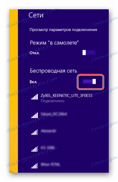 Menu połączenia bezprzewodowego w Windows 8