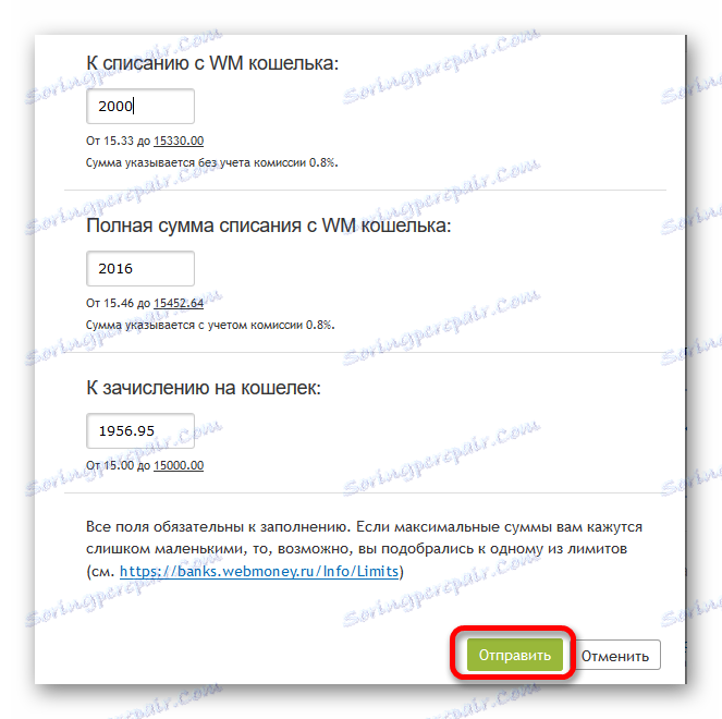 Zadání částky na webové stránce Webmoney