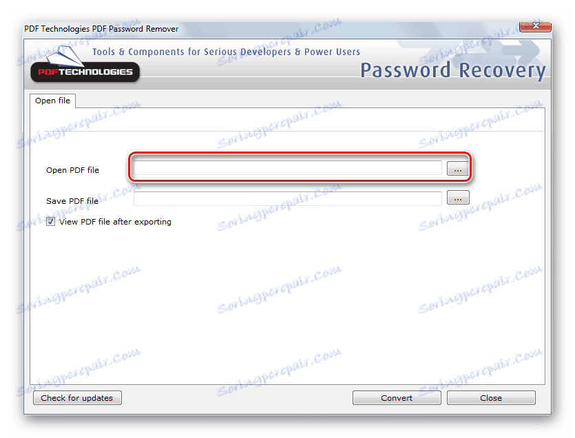 Избиране на файл в прозореца PDF Password Remover Tool