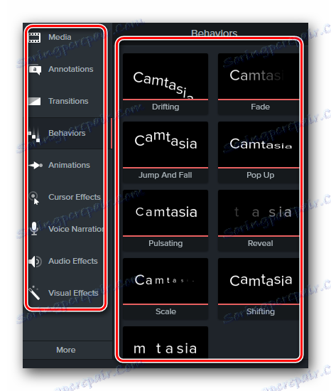 Izgled ploče s efektima u Camtasia Studio