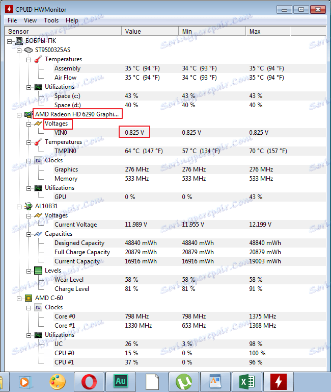 الجهد من بطاقة الفيديو في برنامج HWMonitor