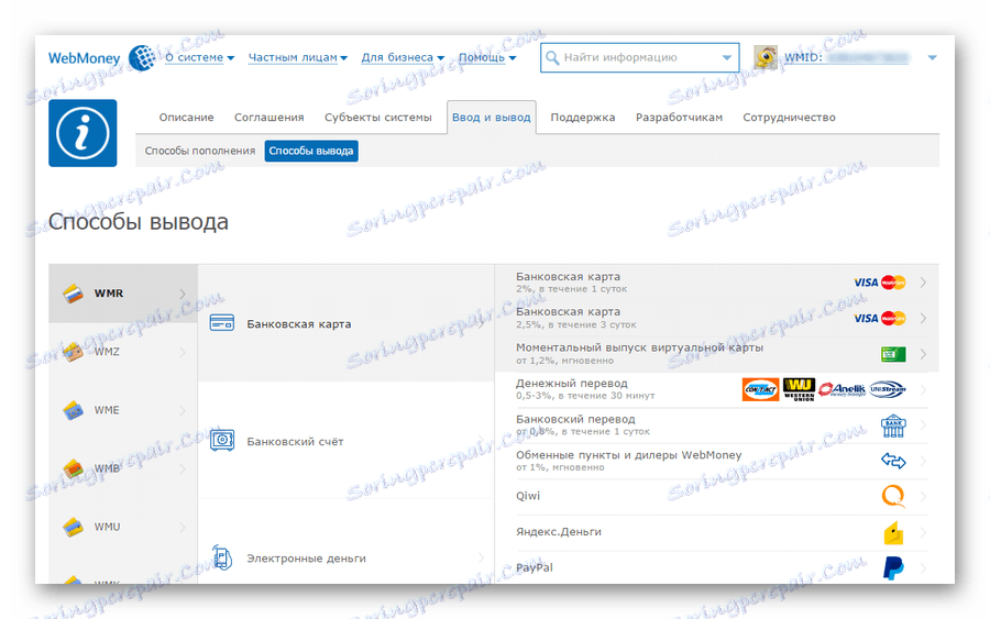 stránku s způsoby, jak stáhnout peníze z WebMoney