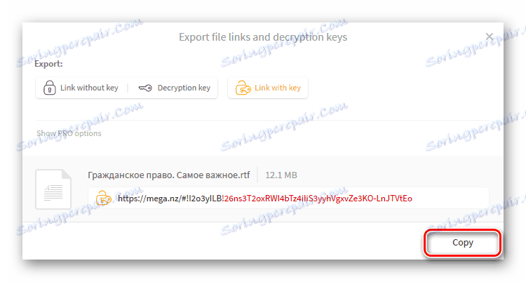 Прозорец за създаване на връзка за качване на файл в Mega