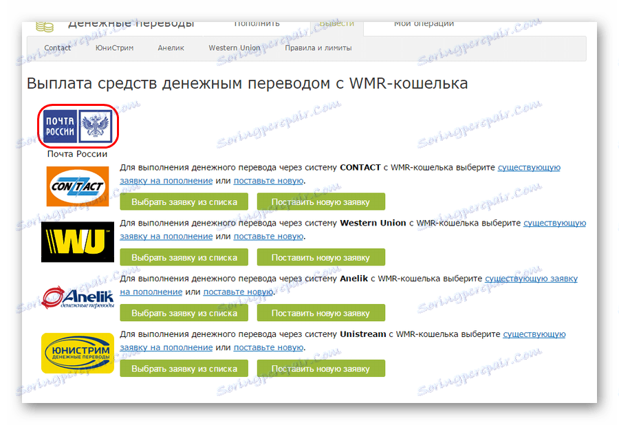 Поща на Русия на страницата на паричните преводи