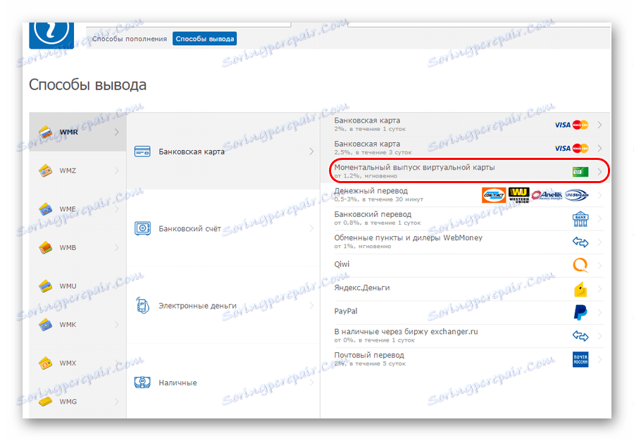 точка за създаване на виртуална карта в начините за извеждането на webmoney